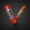 Red Silver Dual Barrel Weapon With Yellow Glowing Elements Flame Patterns And Metallic Surface Structure
