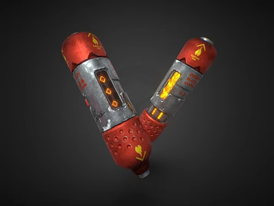 Red Silver Dual Barrel Weapon With Yellow Glowing Elements Flame Patterns And Metallic Surface Structure 3d model