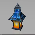 Elegant Decorative Lantern Furniture Featuring Blue Glass Shade Pointed Top And Warm Yellow Light
