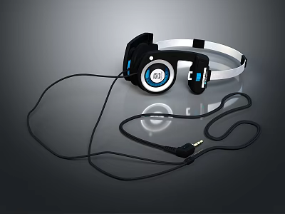 Black And Blue Over Ear Computer Headphones With Circular Earpads And Cable Design 3d model