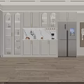 Modern White Wine Cabinet With Glass Doors And Gold Handles In Modern Kitchen Interior