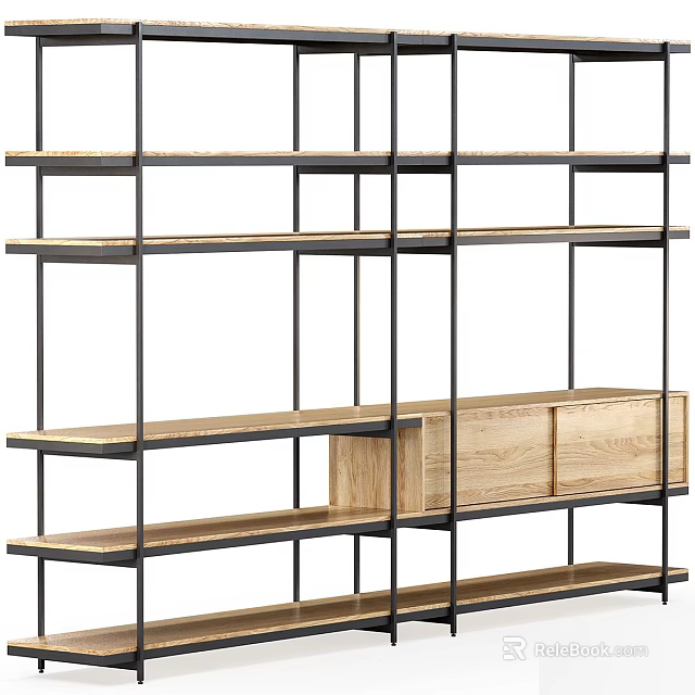 Modern Decorative Cabinet With Black Metal Frame Wooden Shelves And Open Design 3d model 