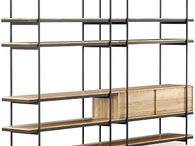 Modern Decorative Cabinet With Black Metal Frame Wooden Shelves And Open Design 3d model