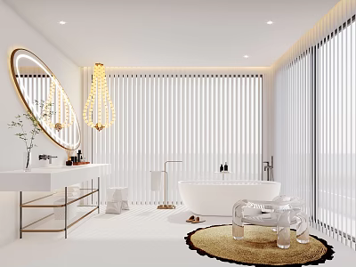 Modern Elegant Bathroom With Oval Mirror Chandelier And Bathtub 3d model