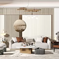 Modern Sofa And Coffee Table Set With Decorative Pillows Circular Wall Art Hanging Ceiling Light 3d model