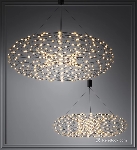 Illuminated Circular Chandeliers With Black Metal Wire Mesh And Small Bulbs On Gray Wall 3d model 