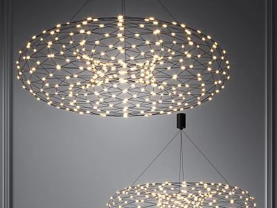 Illuminated Circular Chandeliers With Black Metal Wire Mesh And Small Bulbs On Gray Wall 3d model