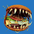 Creative Monster Burger With Sharp Teeth And Layered Ingredients On Blue Background