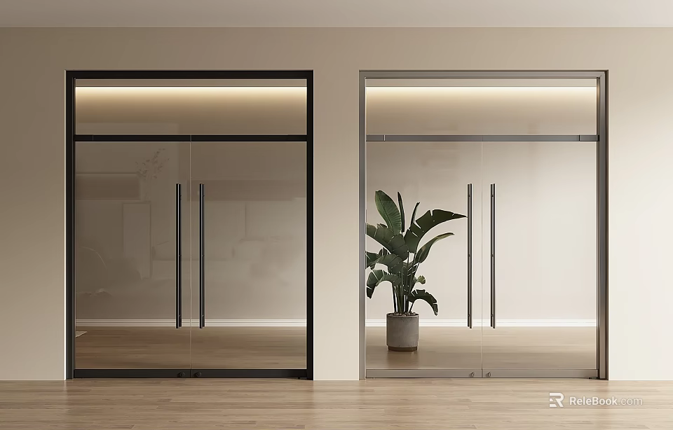 Modern Glass Double Doors With Black And Silver Frames Indoor Wooden Floor Green Plant 3d model 