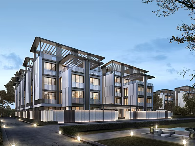 Modern Townhouses with Large Glass Windows Contemporary Roof Design and Landscaped Path Lighting 3d model