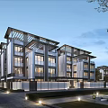 Modern Townhouses with Large Glass Windows Contemporary Roof Design and Landscaped Path Lighting