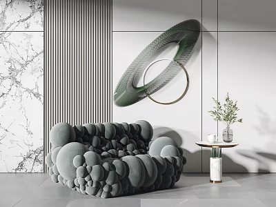 Gray Pebble Shaped Accent Chair With Side Table Vase Plants And Green Circular Wall Decor 3d model