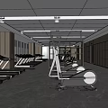 Modern Gym Interior With Marble Reception Desk Fitness Equipment Wooden Walls And Ceiling Lights