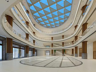 Shopping Mall Lobby With Geometric Glass Dome Multi Level Staircase Wooden Pillars And Marble Floor 3d model