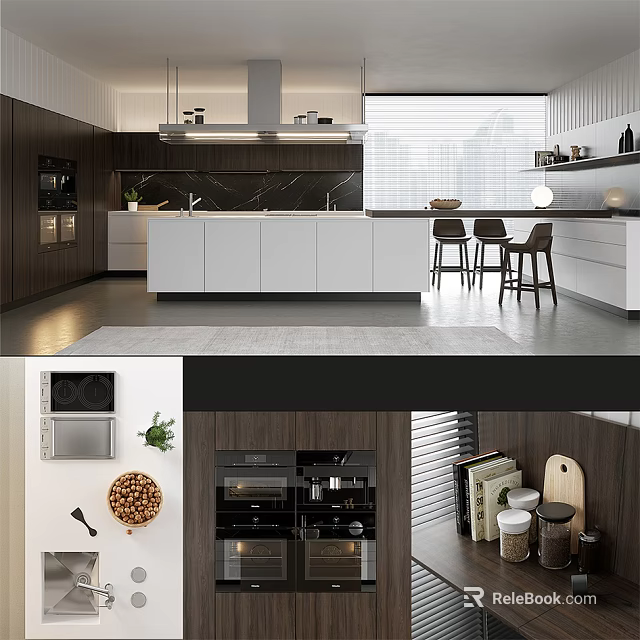 Modern Kitchen Interior With White And Dark Cabinets Island Counter And Bar Stools 3d model 