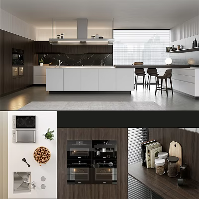 Modern Kitchen Interior With White And Dark Cabinets Island Counter And Bar Stools 3d model