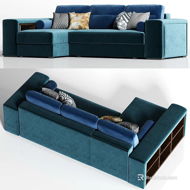 Modern Teal Sectional Sofa With Storage Compartments And Decorative Throw Pillows 3d model