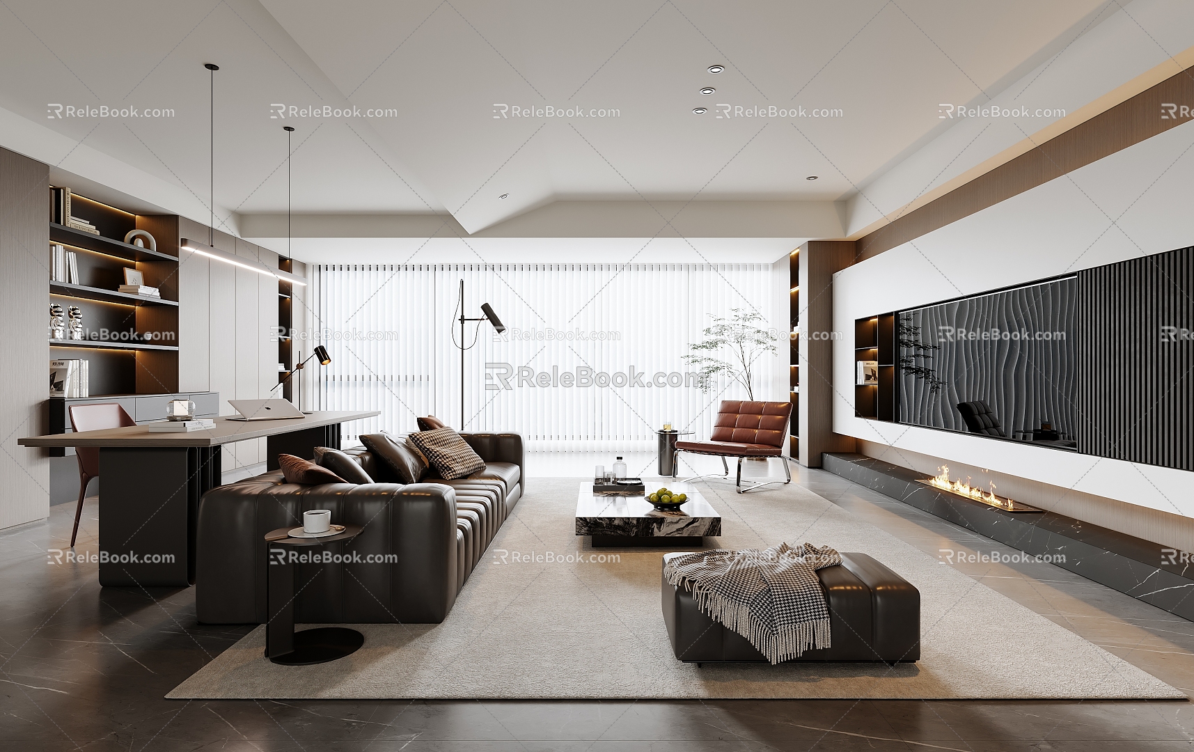 Modern Italian-style Living Room Sofa Coffee Table Combination Leather Sofa Living Room Bookcase Decorative Cabinet TV Background Wall Horizontal Hall Chandelier Desk and Chair model