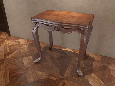 Wooden Dining Table With Carved Details Curved Legs On Parquet Floor Against Beige Wall 3d model