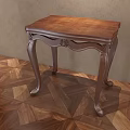 Wooden Dining Table With Carved Details Curved Legs On Parquet Floor Against Beige Wall