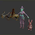 Witch With Cloak And Broomstick With Lamp Standing Next To White Rabbit