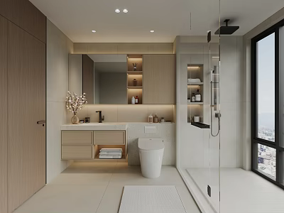 Modern Bathroom Interior Design With Wooden Cabinets Vanity White Toilet Shower Area And Large Mirror 3d model