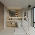 Modern Bathroom Interior Design With Wooden Cabinets Vanity White Toilet Shower Area And Large Mirror