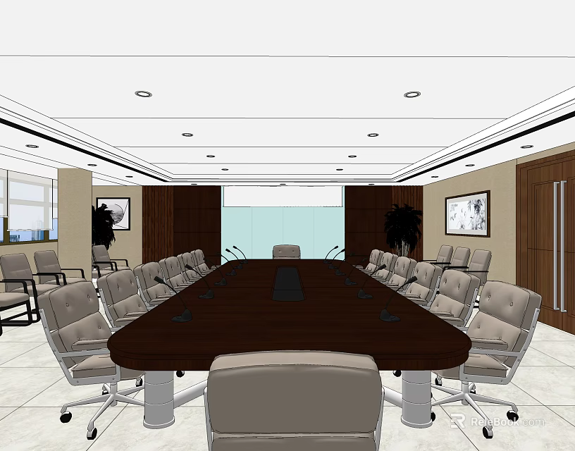 Modern Conference Room With Large Table Leather Chairs Natural Light Wall Paintings And Green Plants 3d model 