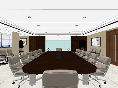 Modern Conference Room With Large Table Leather Chairs Natural Light Wall Paintings And Green Plants 3d model