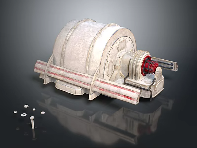 Industrial Metal Drum Machine Structure With Red Component And Small Parts 3d model