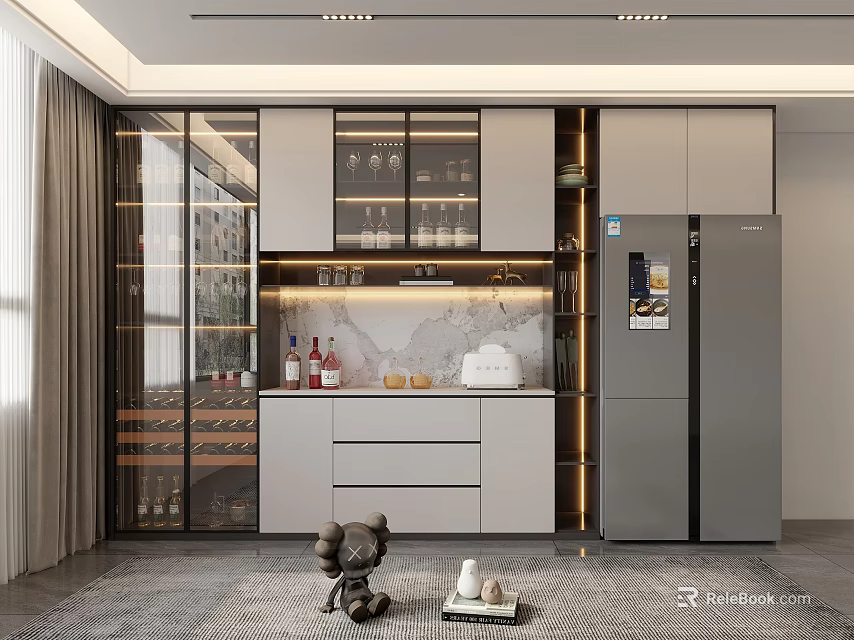 Modern Wine Cabinet In Kitchen With Glass Doors LED Lighting And Marble Countertop 3d model 