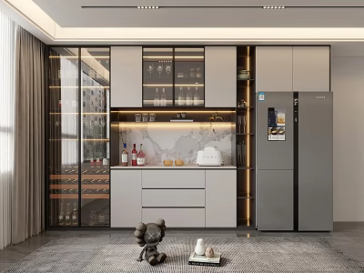 Modern Wine Cabinet In Kitchen With Glass Doors LED Lighting And Marble Countertop 3d model