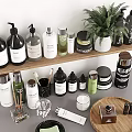 Stylish Organized Bathroom Accessories On Wooden Shelf With Various Bottles And Green Plants