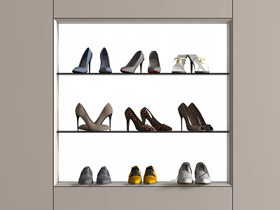 Shoes Displayed on Tiered Shoe Rack with Various Styles and Different Designs 3d model