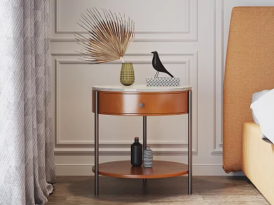 Brown Two Tier Bedside Table With Marble Top Metal Legs And Decorative Vase Bird Ornament 3d model
