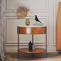 Brown Two Tier Bedside Table With Marble Top Metal Legs And Decorative Vase Bird Ornament