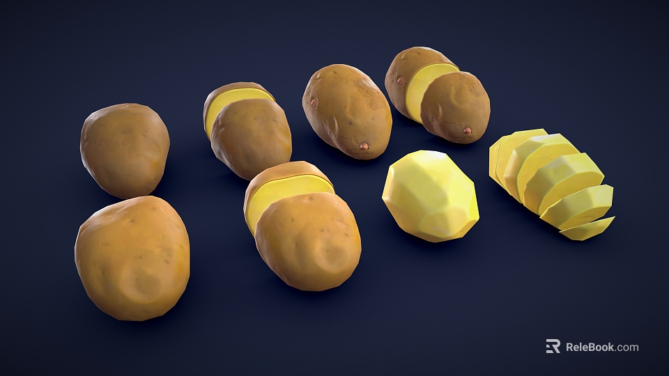 Fresh Whole and Halved Potatoes with Sliced Pieces on Dark Blue Background 3d model 