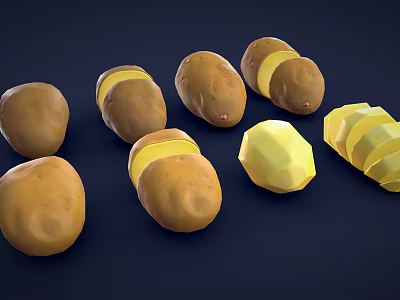 Fresh Whole and Halved Potatoes with Sliced Pieces on Dark Blue Background 3d model