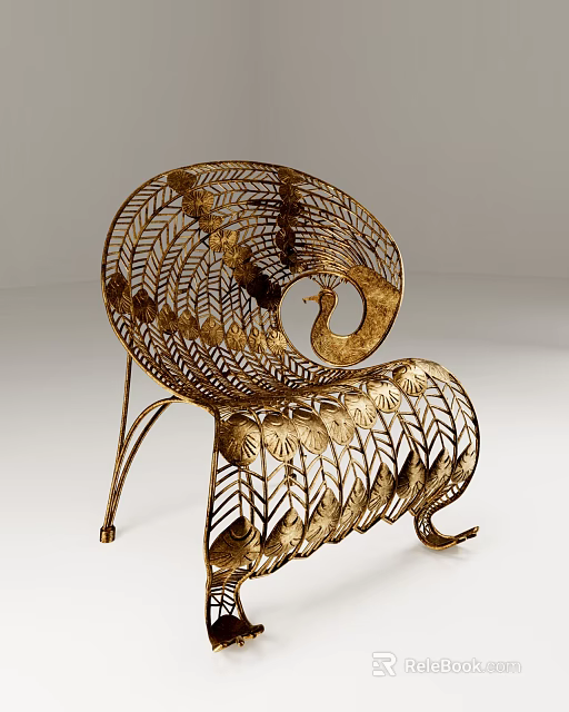 Golden Metal Outdoor Chair With Peacock Feather Pattern For Garden Patio 3d model 