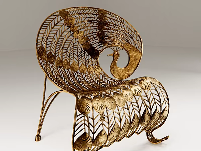 Golden Metal Outdoor Chair With Peacock Feather Pattern For Garden Patio 3d model