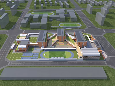 Aerial View Of Modern School Building With Sports Field And Green Lawns 3d model