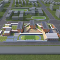 Aerial View Of Modern School Building With Sports Field And Green Lawns