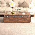 Walnut Wood Coffee Table With Glass Top Storage Drawers Green Apples Vase Coffee Cup