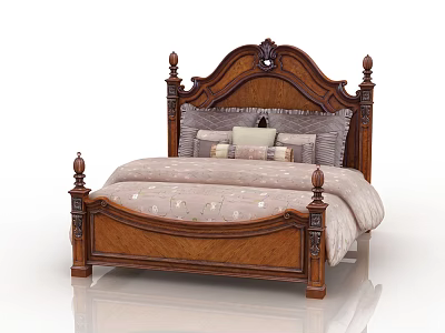 Classic Wooden Double Bed With Carved Headboard Decorative Pillows And Ornate Bedposts 3d model