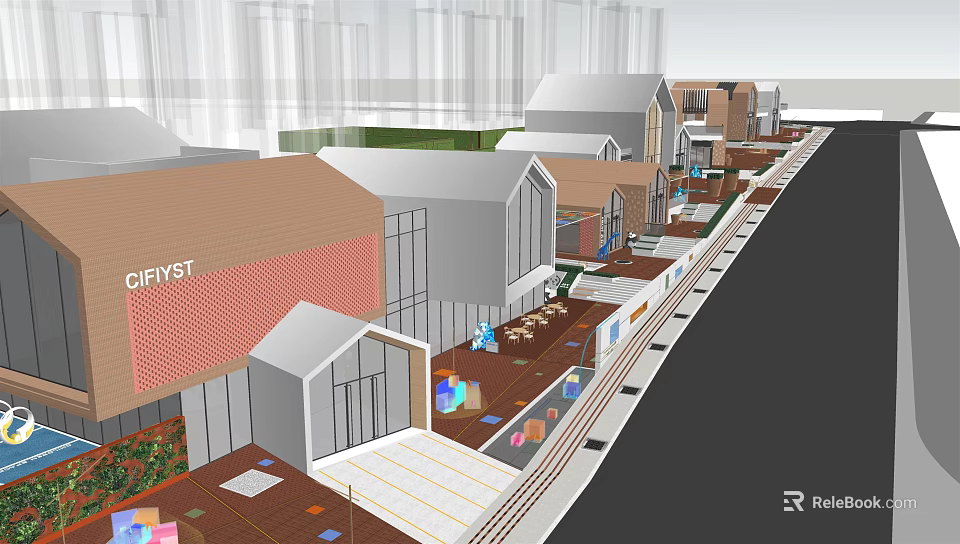Commercial Landscape Featuring Diverse Storefronts Modern Architecture Pedestrian Walkway And Outdoor Seating 3d model 