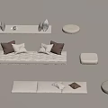 Modern White Sofa Set With Brown Pillows And Round Cushioned Ottomans