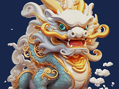 Traditional Dragon Shaped Wall Decoration With Golden Accents And Blue White Details 3d model