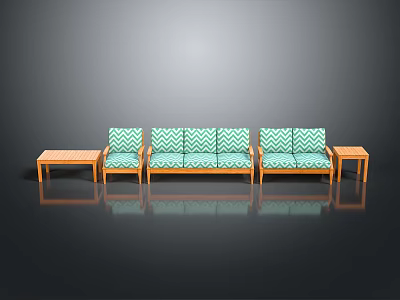 Modern Minimalist Furniture Set With Teal White Zigzag Pattern Sofa And Wooden Coffee Tables 3d model