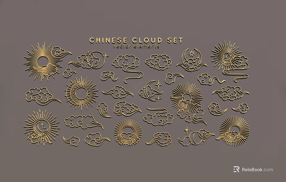 Golden Chinese Cloud Carvings Traditional Ornate Set with Sun and Cloud Patterns 3d model 