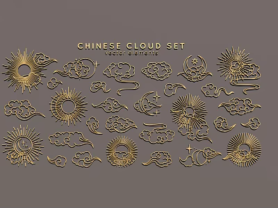 Golden Chinese Cloud Carvings Traditional Ornate Set with Sun and Cloud Patterns 3d model